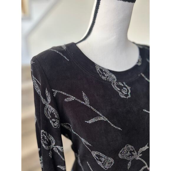 Vintage Y2K 90s Ronni Nicole Black Ribbed Sparkly Glitter Silver Rose Dress - Picture 2 of 8